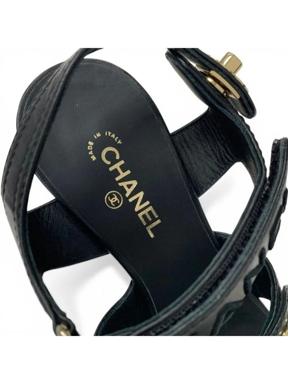 Chanel Sandals Shoes Leather Black Gold CC Logo Turnlock Velcro Strap - Picture 7 of 10